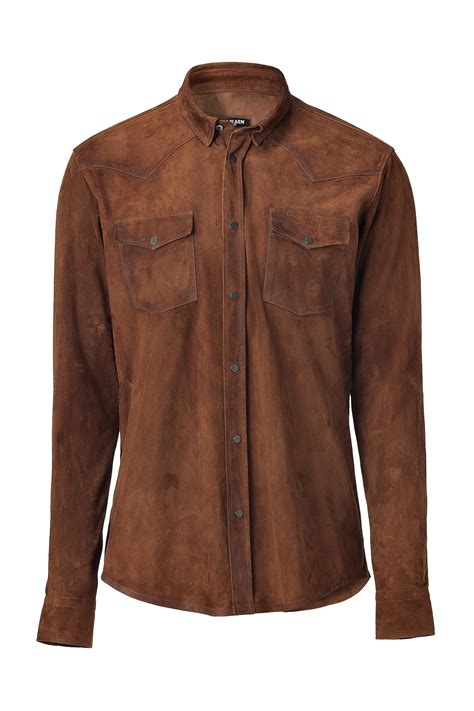 Suede shirt with embroidery in brown 